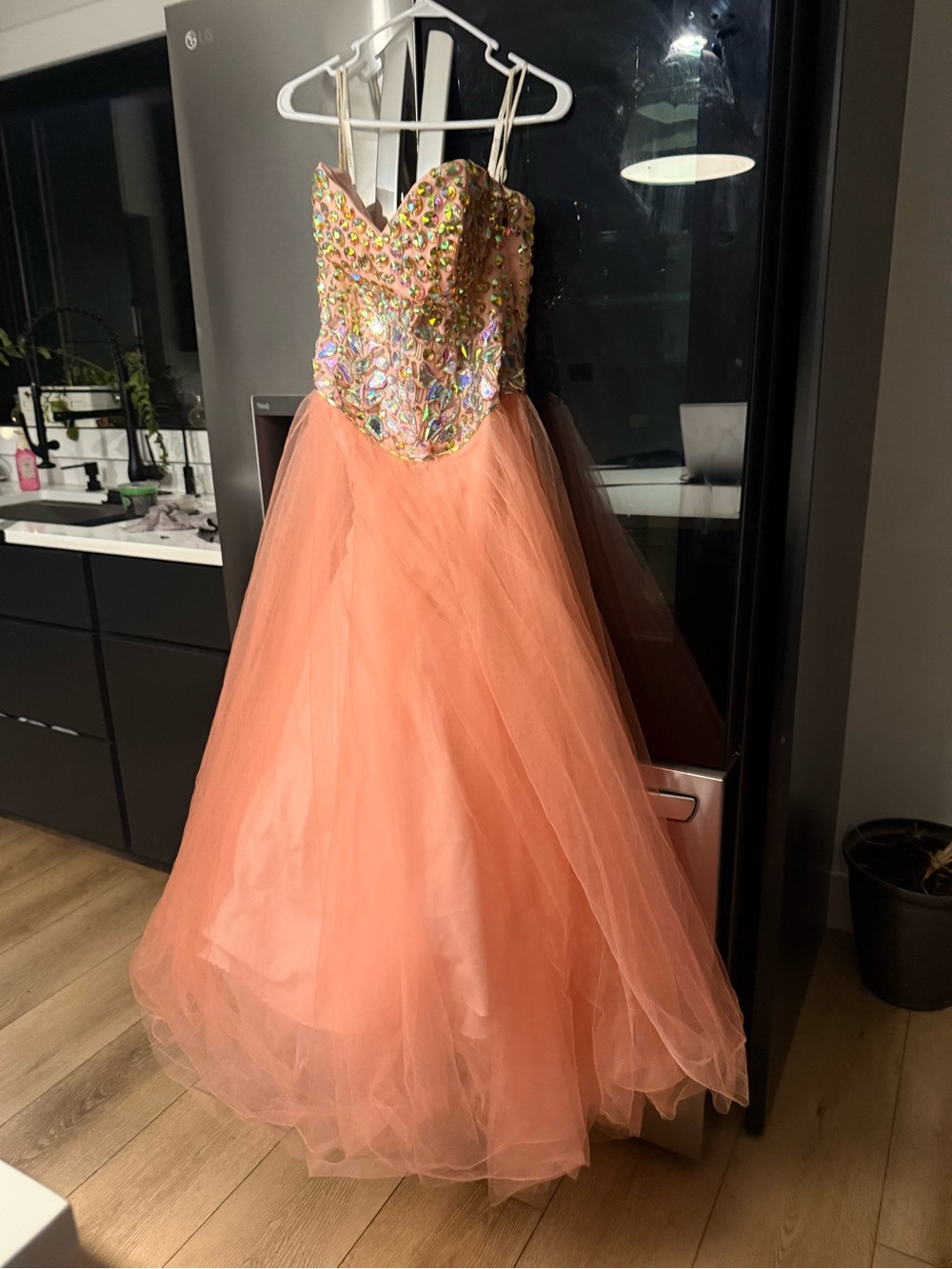 Strapless Coral Prom Dress with Beaded Bodice